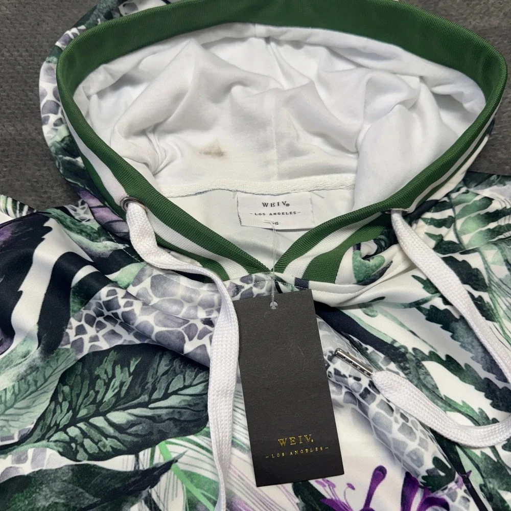 WEIV‎ Los Angeles Mens Tropical Floral Geometric Hoodie Green White FJ205 Small
